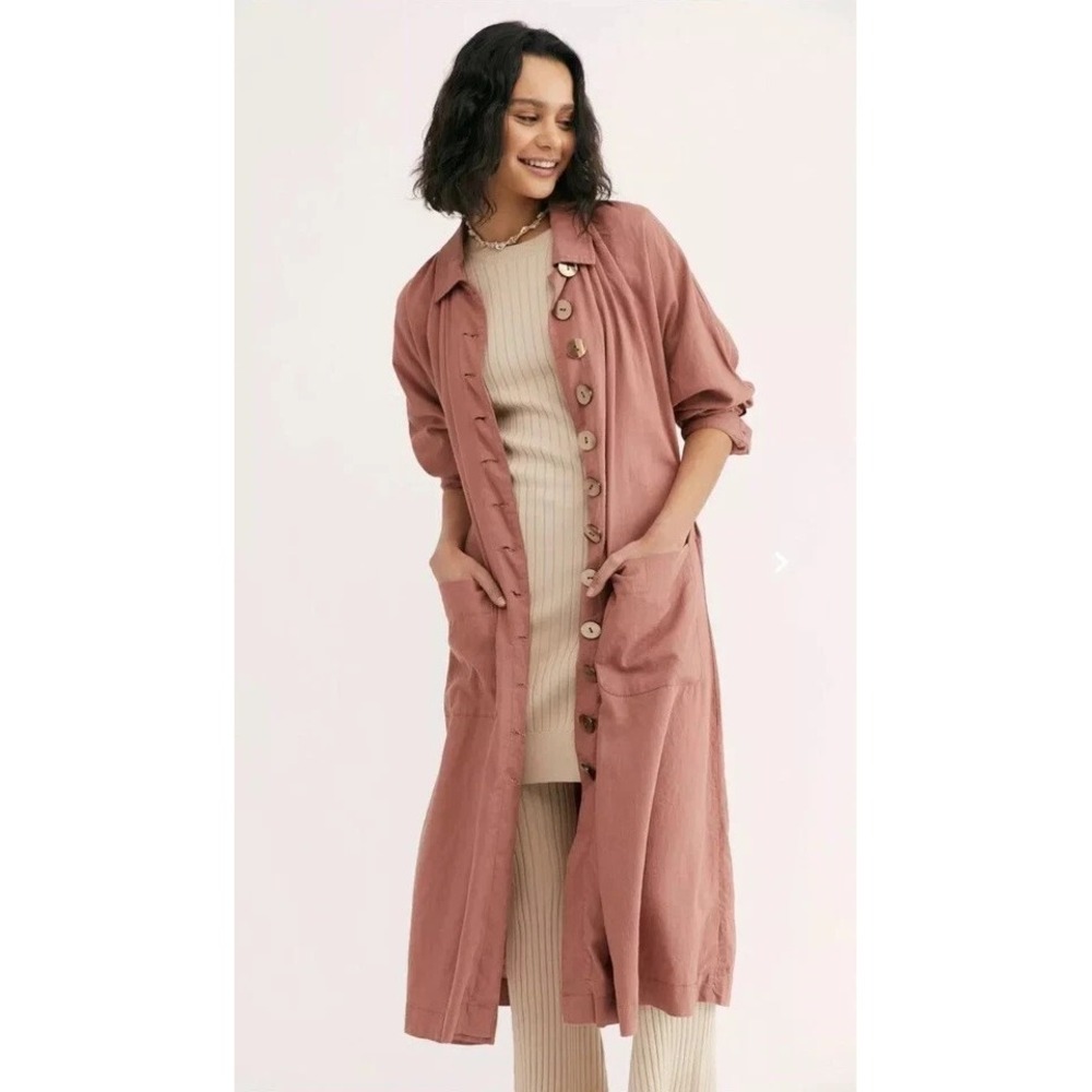 Free People Linen Blend Duster Jacket Belted Lightweight Trench Mauve XS Relaxed